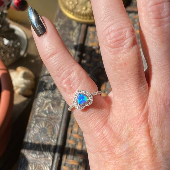 Blue Opal & CZ Heart Sterling Silver Ring size 6 - Picture 4 of 7